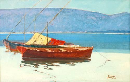 WikiOO.org – 美術百科全書 - 繪畫，作品 Theophrastos Triantafyllidis - 船 在 平静  水
