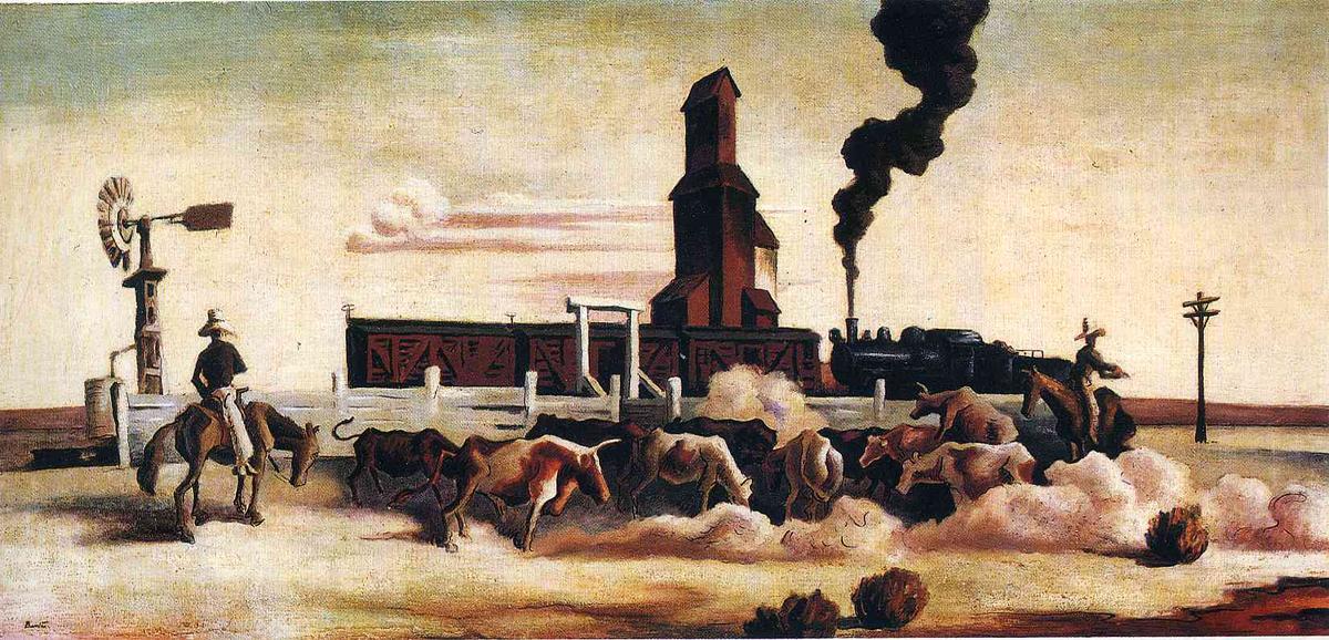 Wikioo.org - The Encyclopedia of Fine Arts - Painting, Artwork by Thomas Hart Benton - Cattle Loading