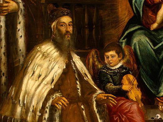 Wikioo.org – La Enciclopedia de las Bellas Artes - Pintura, Obras de arte de Tintoretto (Jacopo Comin) - dux alvise Yo Mocenigo y familia Antes de el Virgen