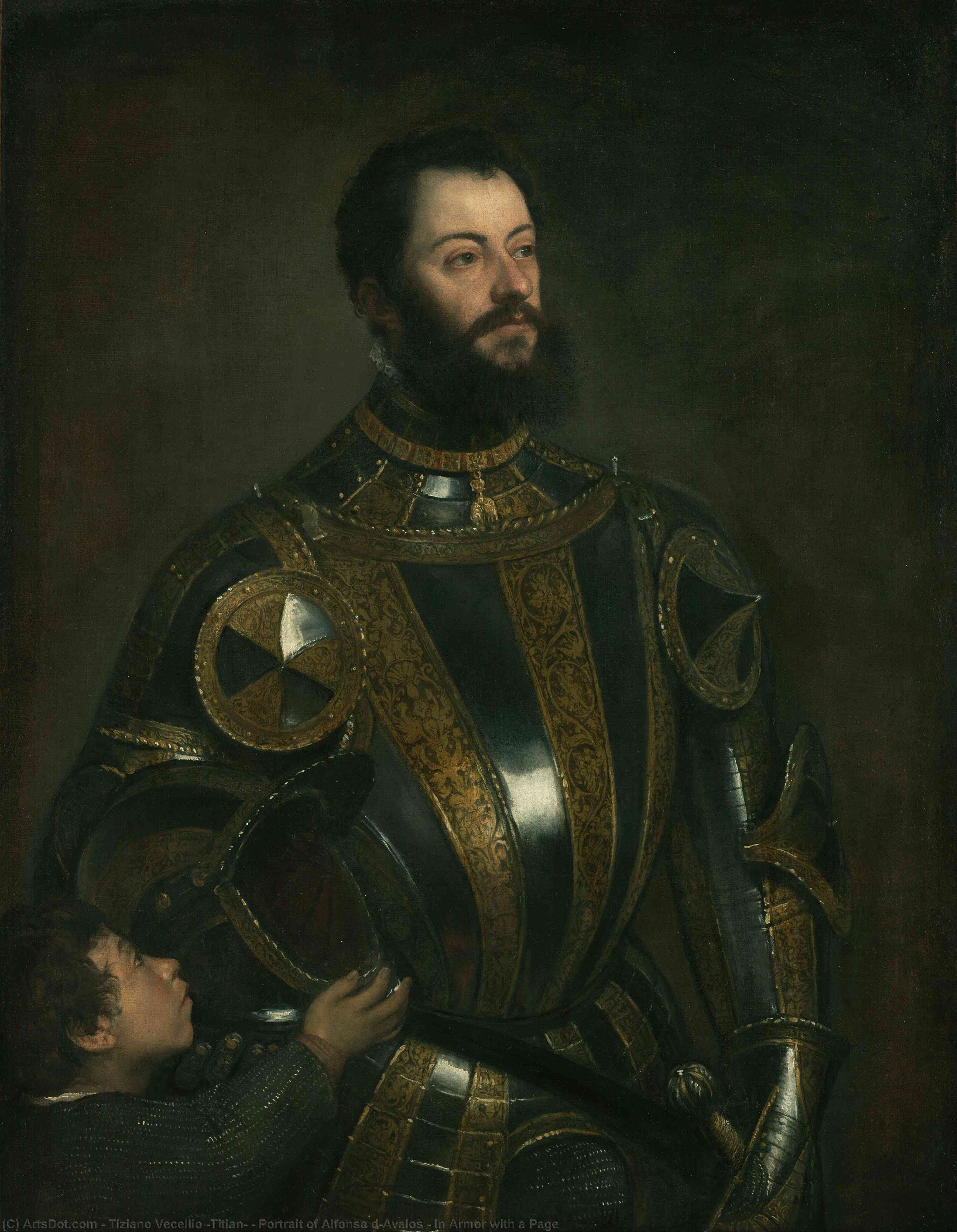 Wikioo.org - The Encyclopedia of Fine Arts - Painting, Artwork by Tiziano Vecellio (Titian) - Portrait of Alfonso d`Avalos , in Armor with a Page