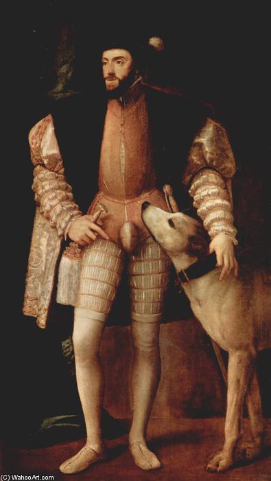 Wikioo.org - Die Enzyklopädie bildender Kunst - Malerei, Kunstwerk von Tiziano Vecellio (Titian) - Porträt of Kaiser Charles V mit hund