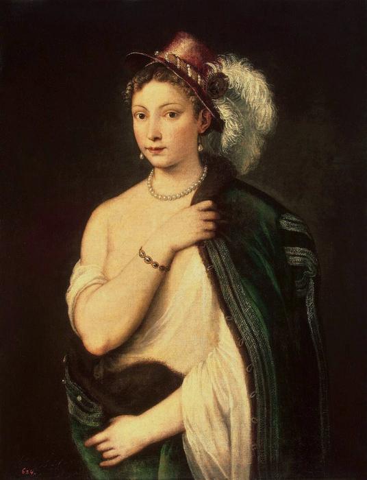 Wikioo.org - The Encyclopedia of Fine Arts - Painting, Artwork by Tiziano Vecellio (Titian) - Portrait of a young woman with feather hat