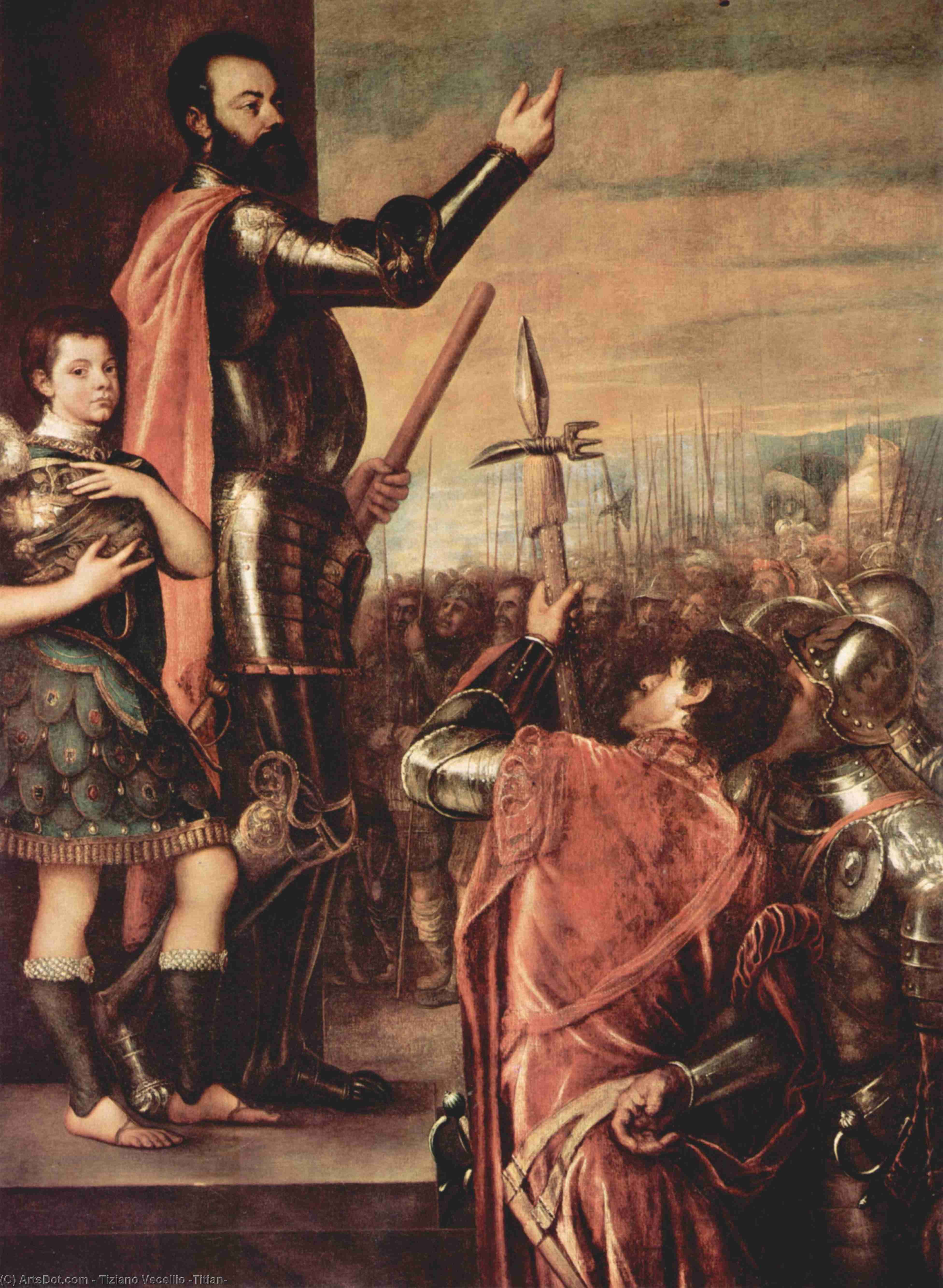 Wikioo.org - Bách khoa toàn thư về mỹ thuật - Vẽ tranh, Tác phẩm nghệ thuật Tiziano Vecellio (Titian) - The Marchese del Vasto Addressing his Troops