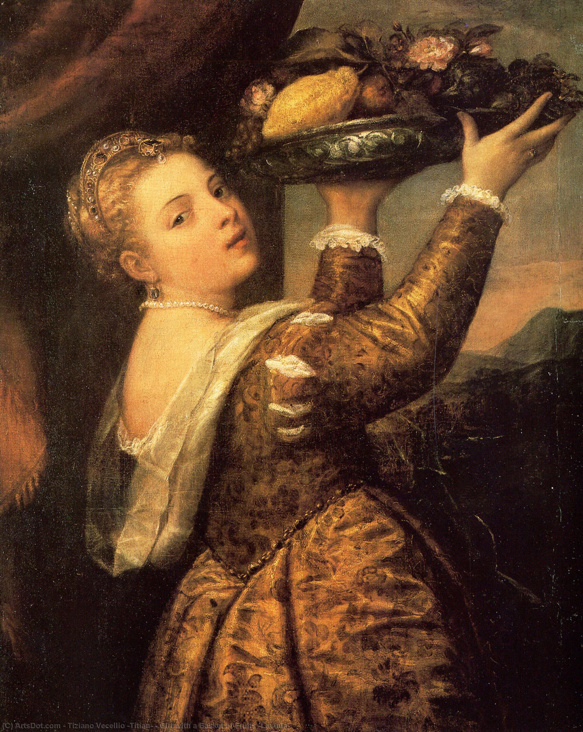 Wikioo.org - The Encyclopedia of Fine Arts - Painting, Artwork by Tiziano Vecellio (Titian) - Girl with a Basket of Fruits (Lavinia)
