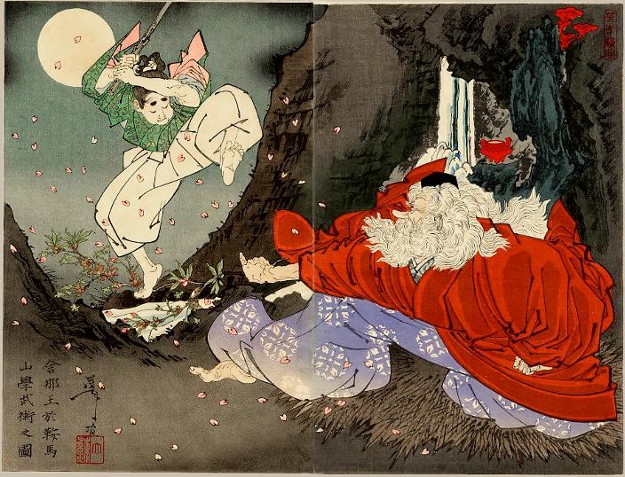 Wikioo.org - The Encyclopedia of Fine Arts - Painting, Artwork by Tsukioka Yoshitoshi - Sojobo Instructs Yoshitsune in the Sword