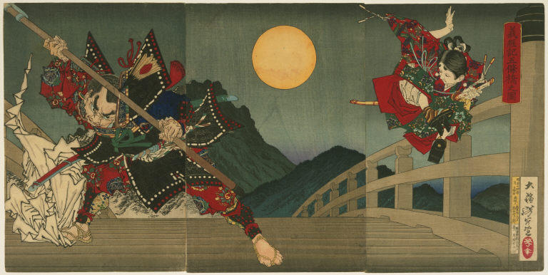 Wikioo.org - The Encyclopedia of Fine Arts - Painting, Artwork by Tsukioka Yoshitoshi - Ushiwaka and Benkei duelling on Gojo Bridge
