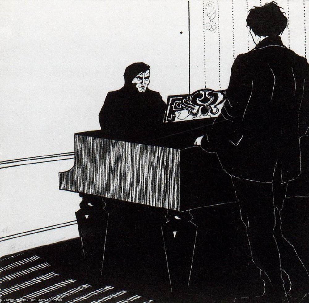Wikioo.org - สารานุกรมวิจิตรศิลป์ - จิตรกรรม Umberto Boccioni - Pianist and Listener