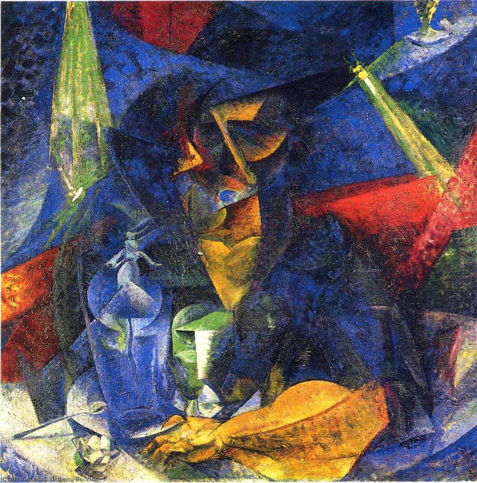 Wikioo.org - The Encyclopedia of Fine Arts - Painting, Artwork by Umberto Boccioni - Woman in a Café: Compenetrations of Lights and Planes