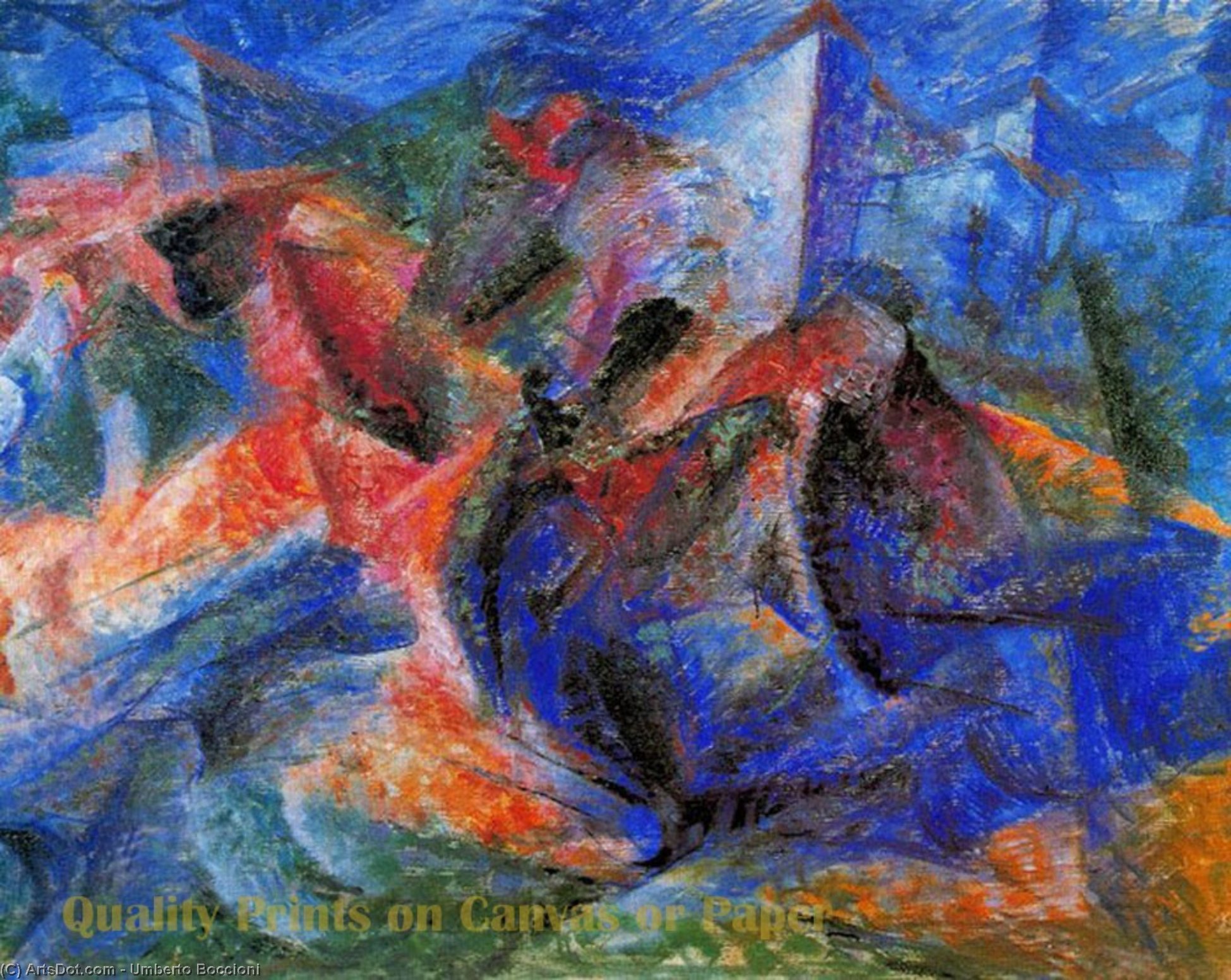 Wikioo.org - The Encyclopedia of Fine Arts - Painting, Artwork by Umberto Boccioni - Horse+Rider+Houses