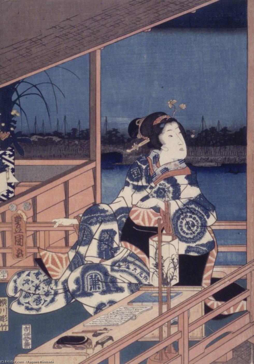 Wikioo.org - The Encyclopedia of Fine Arts - Painting, Artwork by Utagawa Kunisada - Moonlight View of Tsukuda with Lady on a Balcony