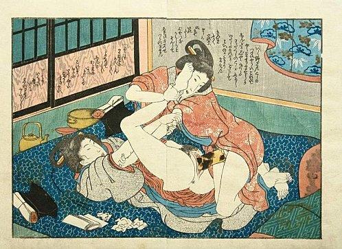 WikiOO.org - Encyclopedia of Fine Arts - Festés, Grafika Utagawa Kunisada - Lesbians having sex by a harikata (dildo)