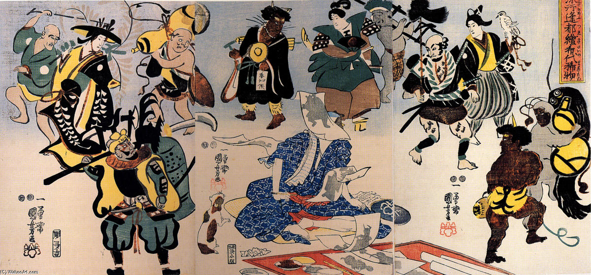 WikiOO.org - Енциклопедия за изящни изкуства - Живопис, Произведения на изкуството Utagawa Kuniyoshi - Otsu-e Paintings Coming Alive Triptych