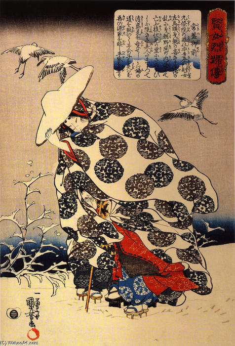 Wikioo.org - The Encyclopedia of Fine Arts - Painting, Artwork by Utagawa Kuniyoshi - Tokiwa-Gozen with her three children in the snow