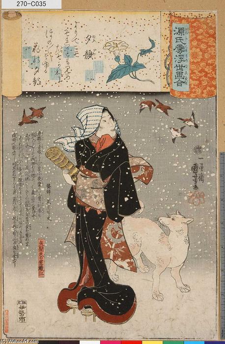 WikiOO.org - Encyclopedia of Fine Arts - Målning, konstverk Utagawa Kuniyoshi - Bijin with a dog in the snow
