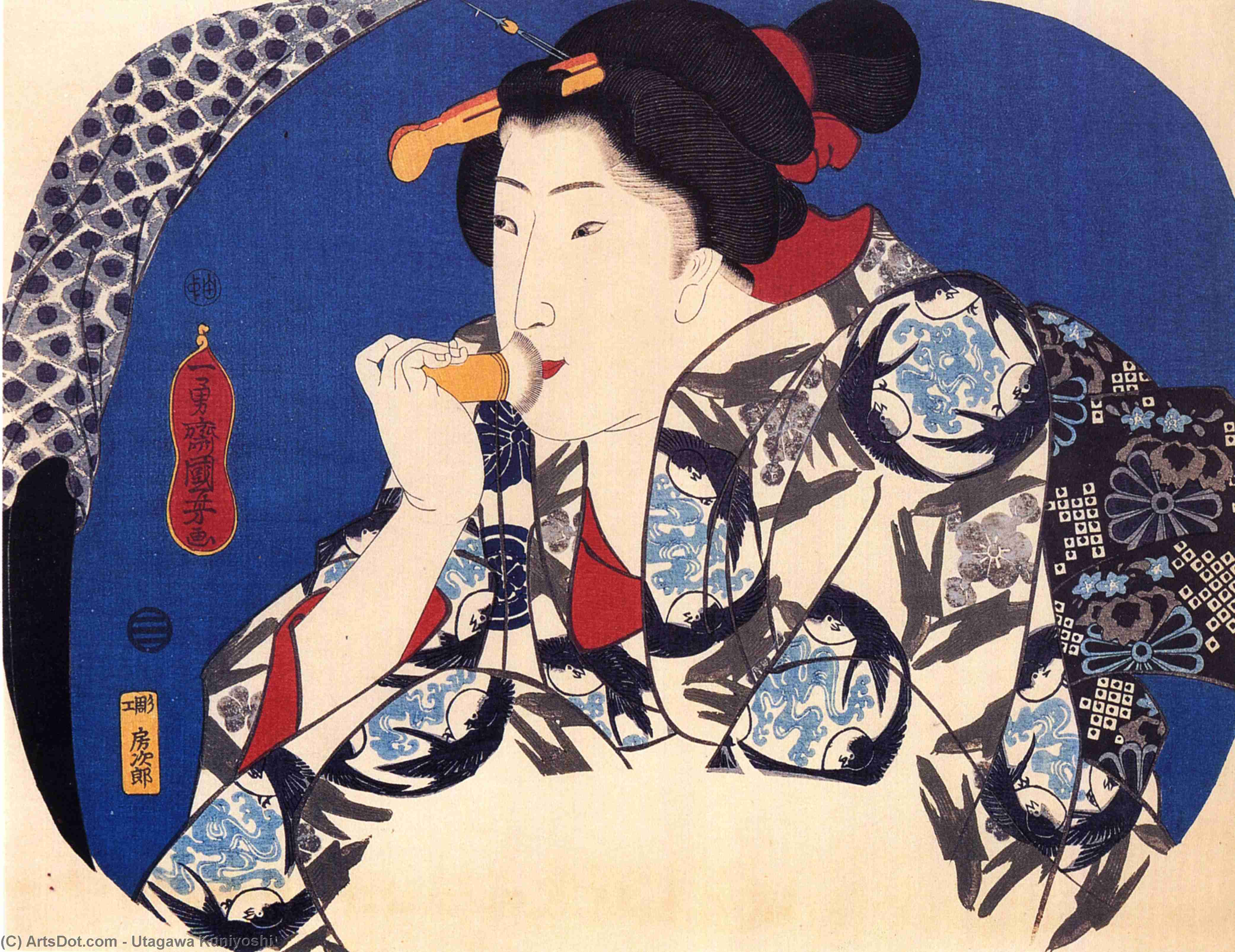 WikiOO.org - دایره المعارف هنرهای زیبا - نقاشی، آثار هنری Utagawa Kuniyoshi - A beauty with a face brush