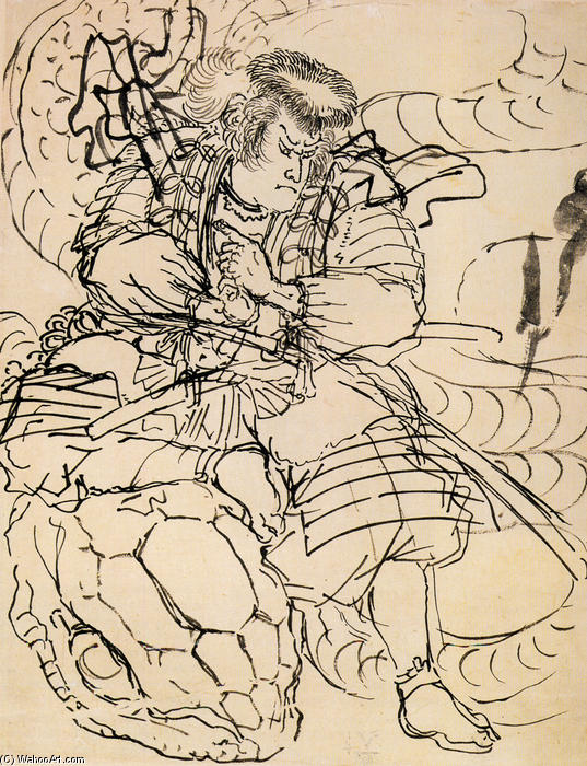 WikiOO.org - Encyclopedia of Fine Arts - Maleri, Artwork Utagawa Kuniyoshi - A samurai overwhelming a giant serpent