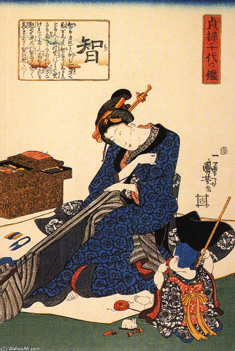 WikiOO.org - Енциклопедия за изящни изкуства - Живопис, Произведения на изкуството Utagawa Kuniyoshi - A seated woman sewing a kimono