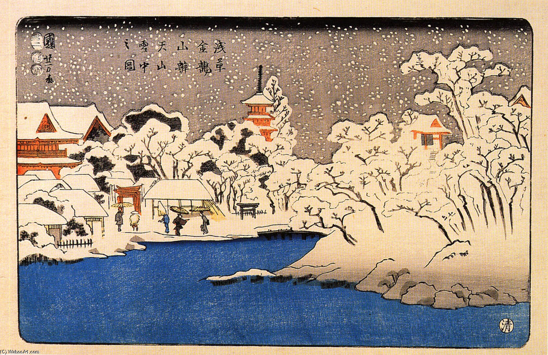 Wikioo.org - สารานุกรมวิจิตรศิลป์ - จิตรกรรม Utagawa Kuniyoshi - A Snowstorm at Kinryozan Temple