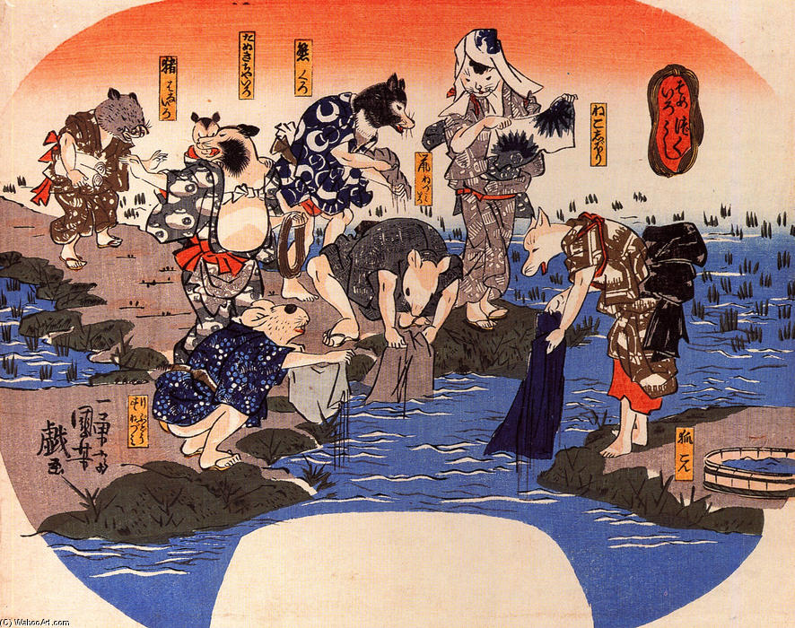 Wikioo.org - The Encyclopedia of Fine Arts - Painting, Artwork by Utagawa Kuniyoshi - Animals dyeing fabrics