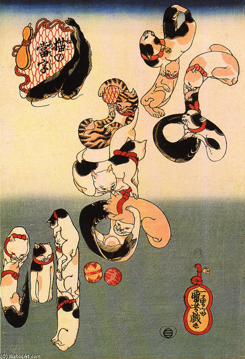 Wikioo.org - The Encyclopedia of Fine Arts - Painting, Artwork by Utagawa Kuniyoshi - Cats forming the caracters for catfish