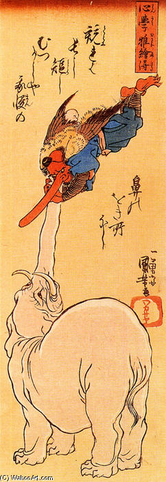 Wikioo.org - The Encyclopedia of Fine Arts - Painting, Artwork by Utagawa Kuniyoshi - Elephant catching a flying tengu
