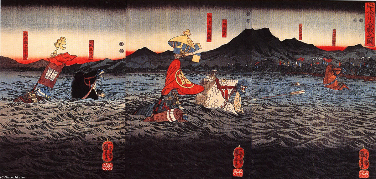 WikiOO.org - Енциклопедія образотворчого мистецтва - Живопис, Картини
 Utagawa Kuniyoshi - Kagesue, Takatsuna and Shigetada crossing the Uji river