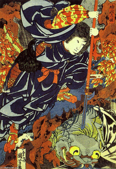 Wikioo.org - The Encyclopedia of Fine Arts - Painting, Artwork by Utagawa Kuniyoshi - Kamigashihime stabbing a giant spider