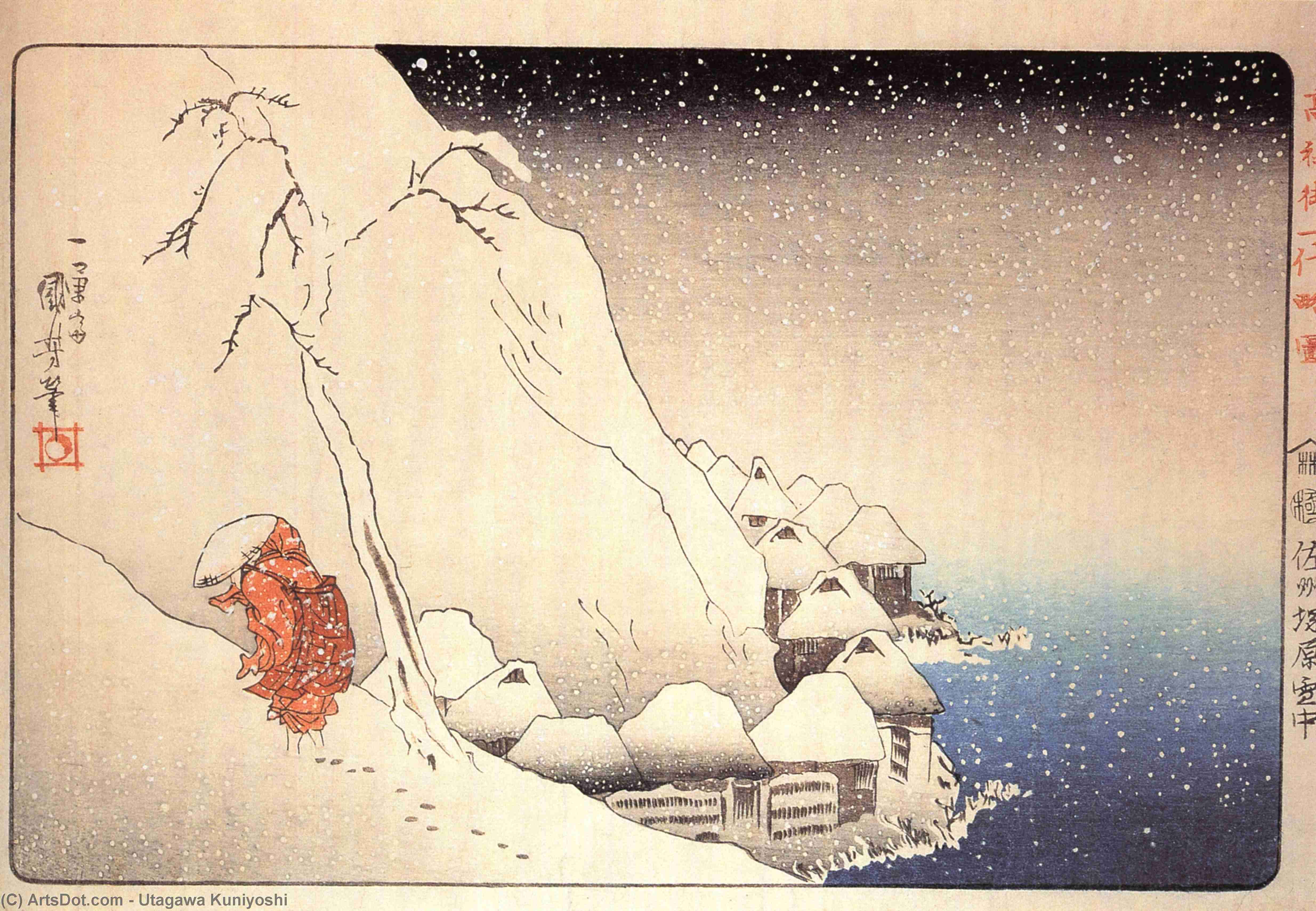 WikiOO.org - 百科事典 - 絵画、アートワーク Utagawa Kuniyoshi - 日蓮 行っている の中へ 亡命 上の の島 佐渡