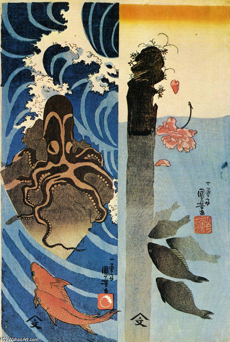 Wikioo.org - The Encyclopedia of Fine Arts - Painting, Artwork by Utagawa Kuniyoshi - Octopus, Red Fish