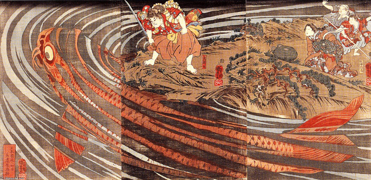 WikiOO.org - Enciclopédia das Belas Artes - Pintura, Arte por Utagawa Kuniyoshi - Oniwakamaru preparing to kill a giant carp