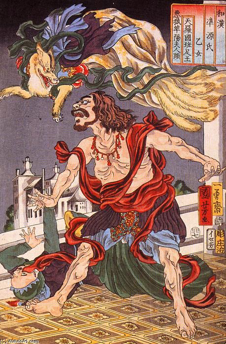 Wikioo.org – La Enciclopedia de las Bellas Artes - Pintura, Obras de arte de Utagawa Kuniyoshi - Prince Hanzoku aterrorizada por un nueve, colas de zorro