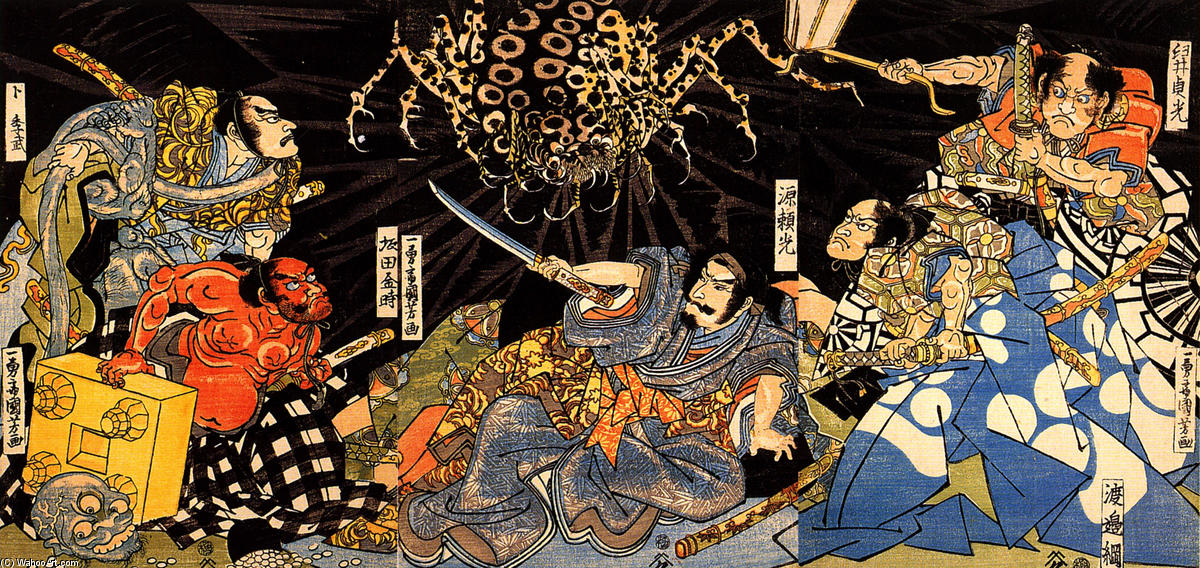 Wikioo.org - The Encyclopedia of Fine Arts - Painting, Artwork by Utagawa Kuniyoshi - Raiko tormented by the earth spider