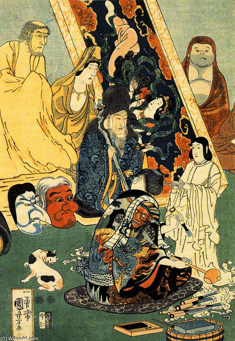 Wikioo.org - The Encyclopedia of Fine Arts - Painting, Artwork by Utagawa Kuniyoshi - Sculptor Jingoro surrounded by statues