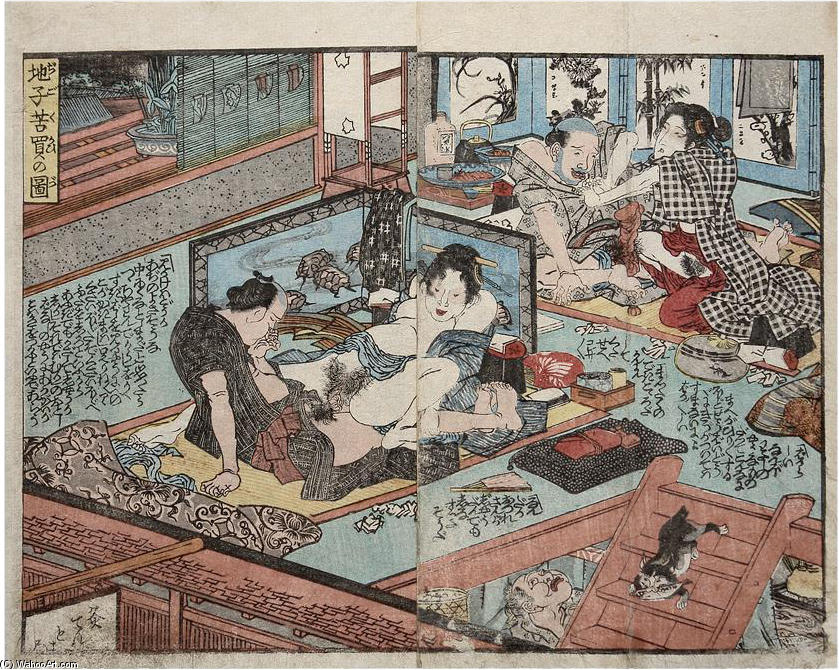 Wikoo.org - موسوعة الفنون الجميلة - اللوحة، العمل الفني Utagawa Kuniyoshi - Showing activity on several floors at the same time
