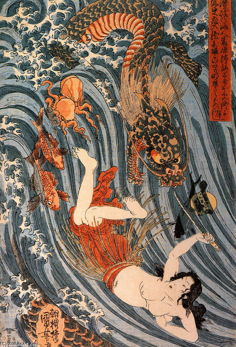 WikiOO.org - Εγκυκλοπαίδεια Καλών Τεχνών - Ζωγραφική, έργα τέχνης Utagawa Kuniyoshi - Tamatori being pursued bya dragon