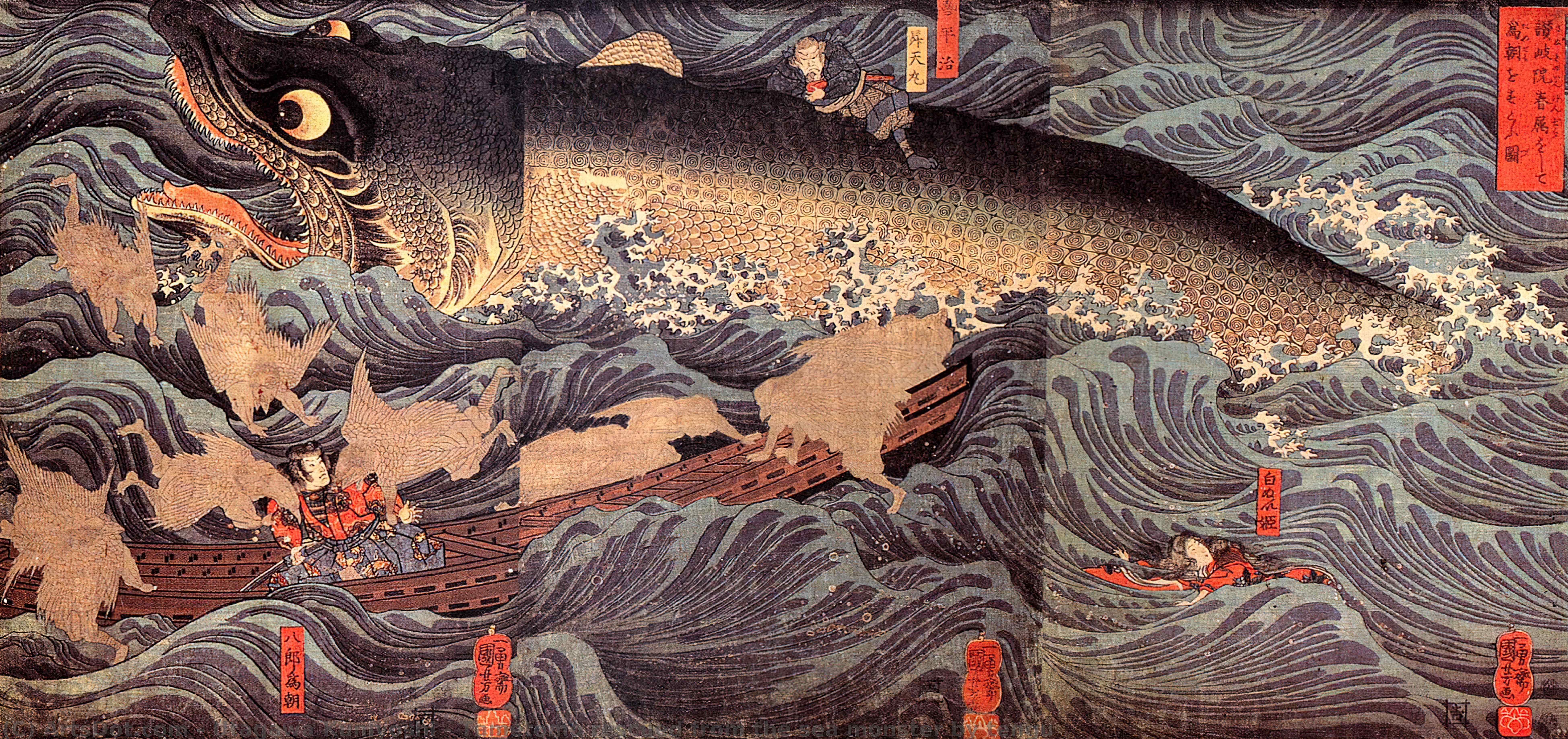 WikiOO.org - 백과 사전 - 회화, 삽화 Utagawa Kuniyoshi - Tametomo rescued from the sea monster by tengu