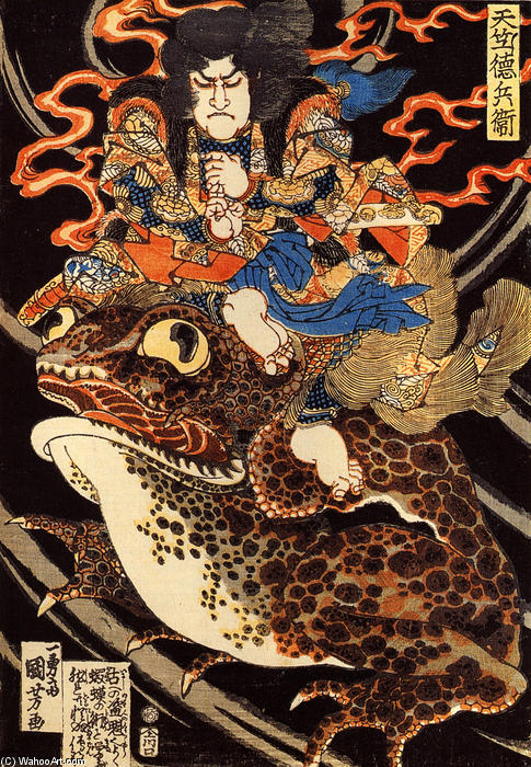 WikiOO.org - Encyclopedia of Fine Arts - Maalaus, taideteos Utagawa Kuniyoshi - Tenjiku Tokubei riding a giant toadn