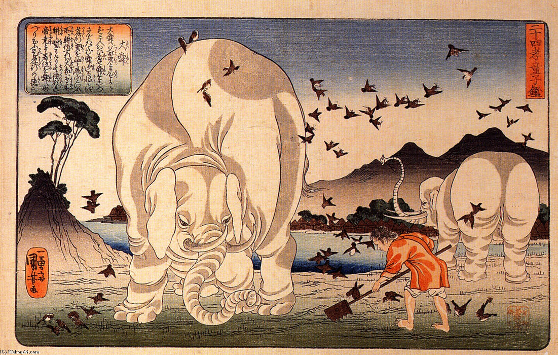 WikiOO.org - Енциклопедія образотворчого мистецтва - Живопис, Картини
 Utagawa Kuniyoshi - Thaishun with elephants