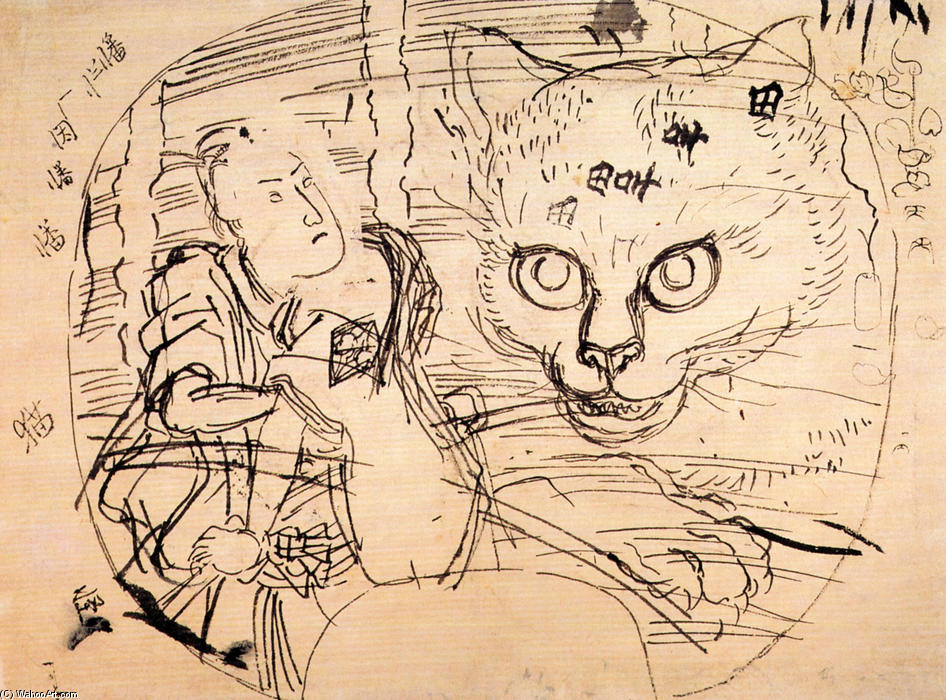 WikiOO.org - Енциклопедия за изящни изкуства - Живопис, Произведения на изкуството Utagawa Kuniyoshi - The actor Ichumura meeting a cat ghost