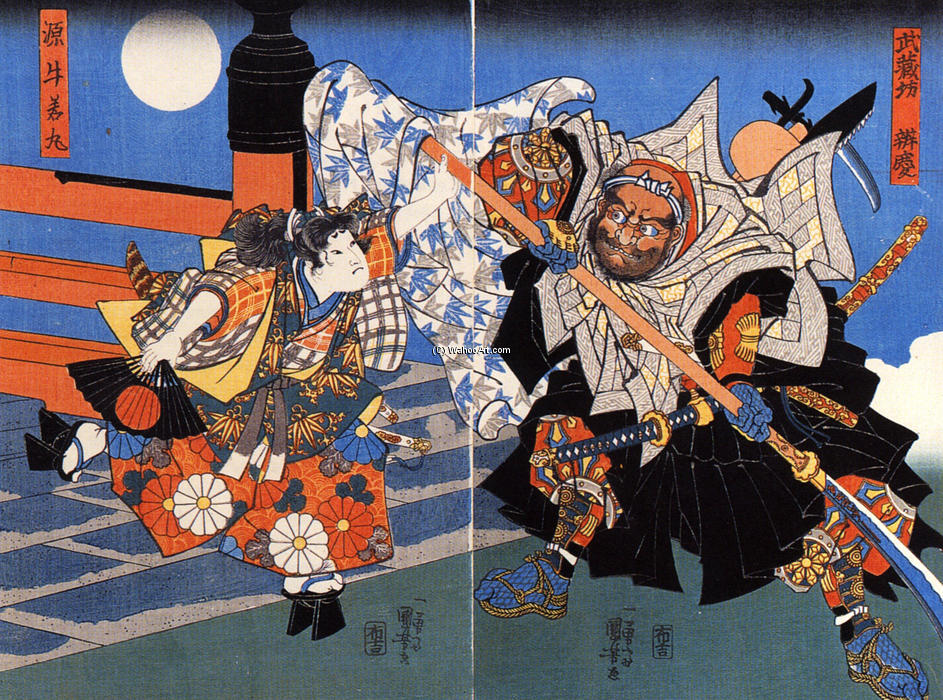 Wikioo.org – L'Enciclopedia delle Belle Arti - Pittura, Opere di Utagawa Kuniyoshi - Uchiwakamaru lotta Benkei sul ponte Gojo