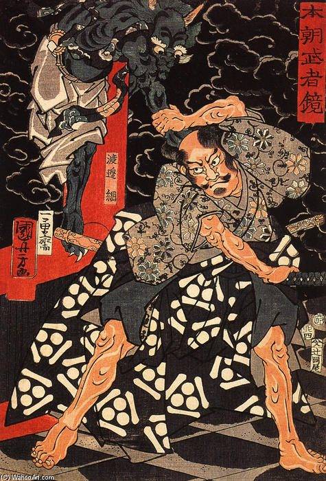 WikiOO.org - Енциклопедия за изящни изкуства - Живопис, Произведения на изкуството Utagawa Kuniyoshi - Watanabe Tsuna fighting the demon at the Rashomon