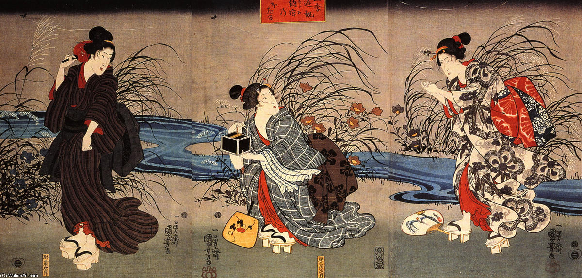 Wikioo.org - The Encyclopedia of Fine Arts - Painting, Artwork by Utagawa Kuniyoshi - Woman catching firefly by a stream