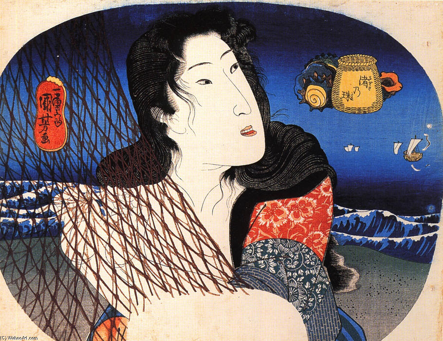 Wikioo.org - The Encyclopedia of Fine Arts - Painting, Artwork by Utagawa Kuniyoshi - Woman mending a fish net