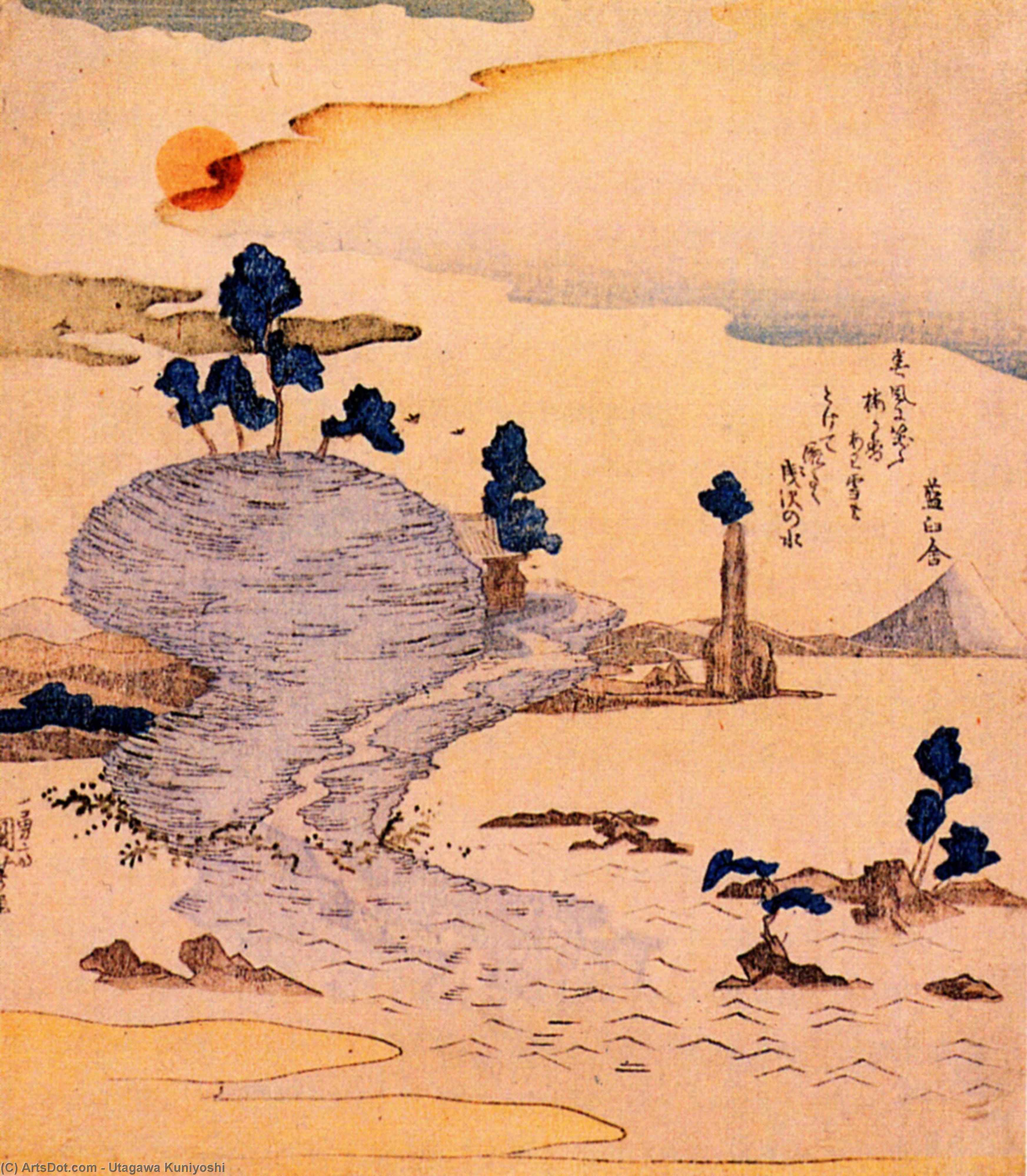 Wikioo.org - The Encyclopedia of Fine Arts - Painting, Artwork by Utagawa Kuniyoshi - Island Enoshima. The Fuji can be seen far away