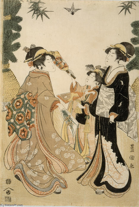 WikiOO.org - Encyclopedia of Fine Arts - Maalaus, taideteos Utagawa Toyokuni - Three Beauties Playing Battledore and Shuttlecock