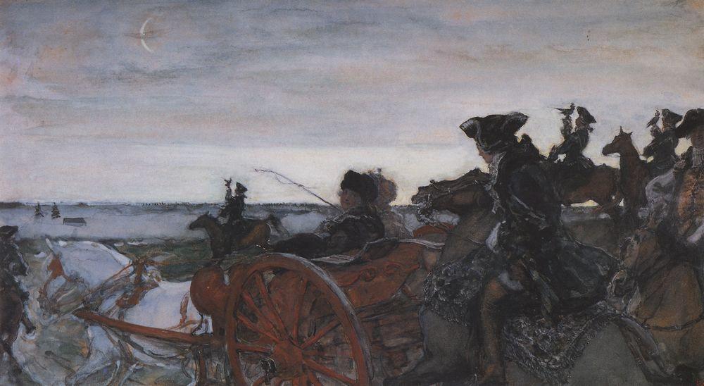 Wikioo.org - The Encyclopedia of Fine Arts - Painting, Artwork by Valentin Alexandrovich Serov - Catherine II Setting out to Hunt with Falcons