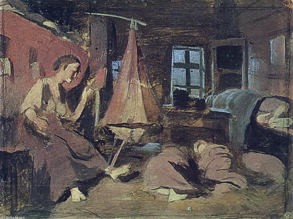 Wikioo.org - The Encyclopedia of Fine Arts - Painting, Artwork by Vasily Grigoryevich Perov - Night in the hut. Sketch for 'Sleeping Children'
