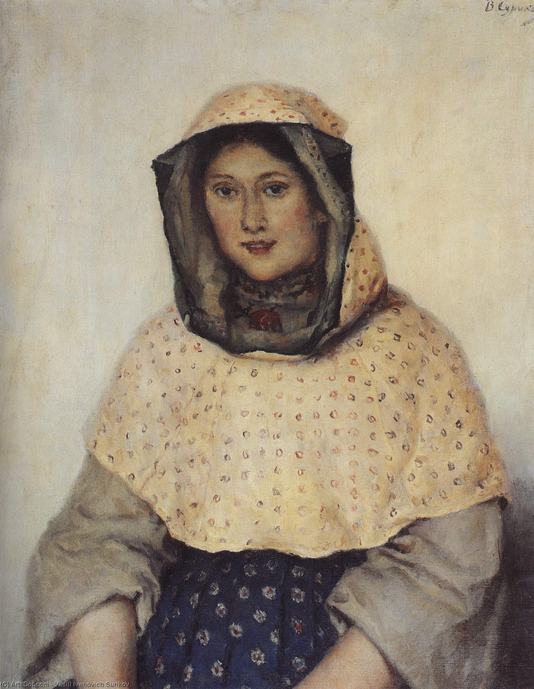 Wikioo.org - The Encyclopedia of Fine Arts - Painting, Artwork by Vasili Ivanovich Surikov - Portrait of T. K. Domozhilova