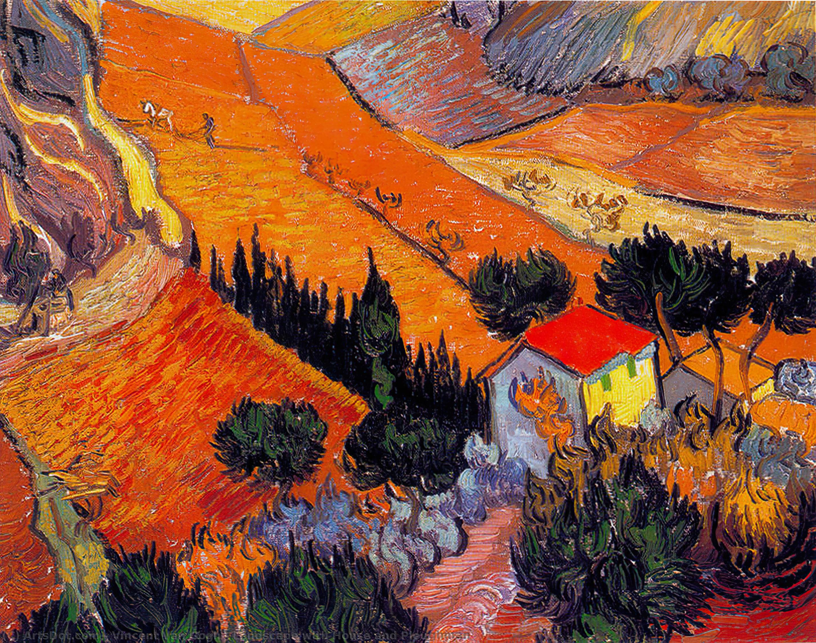 WikiOO.org - Encyclopedia of Fine Arts - Maleri, Artwork Vincent Van Gogh - Landscape with House and Ploughman