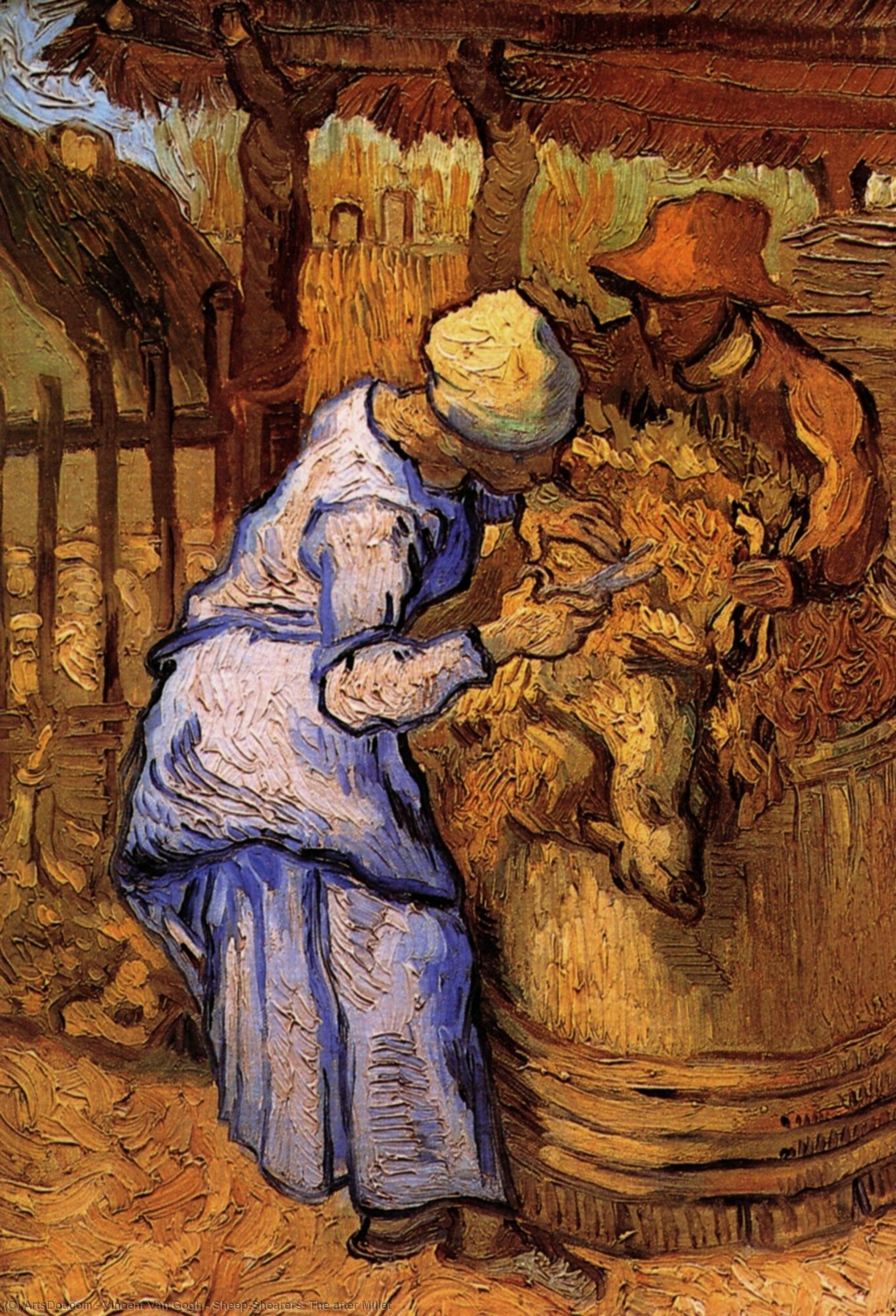 Wikoo.org - موسوعة الفنون الجميلة - اللوحة، العمل الفني Vincent Van Gogh - Sheep-Shearers, The after Millet